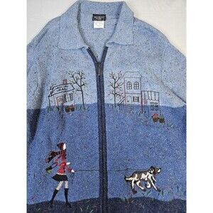 Southern Lady Cardigan Women XL Blue Lady & Dog Embroidered Sweater Zip Up Vtg